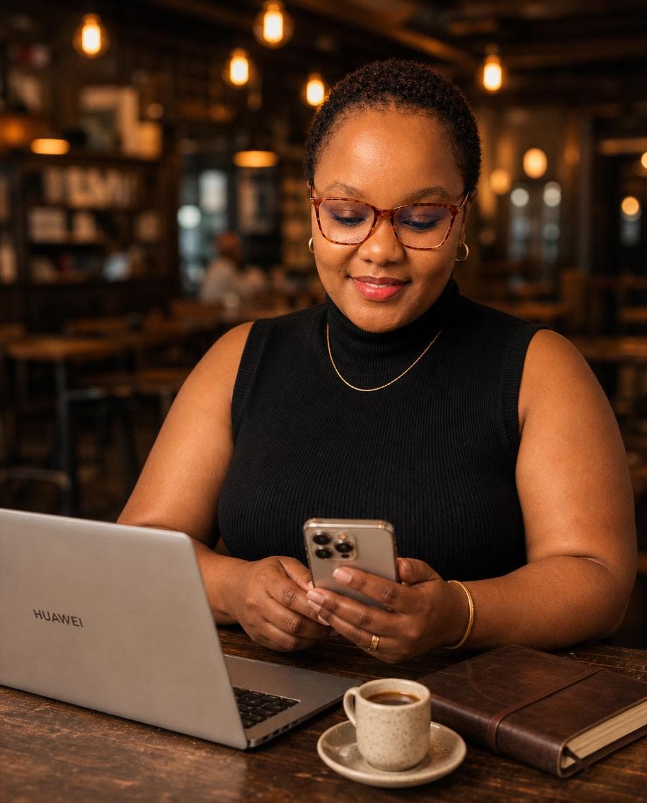 Kagiso checking her phone at a warm cafe table beside a laptop and coffee