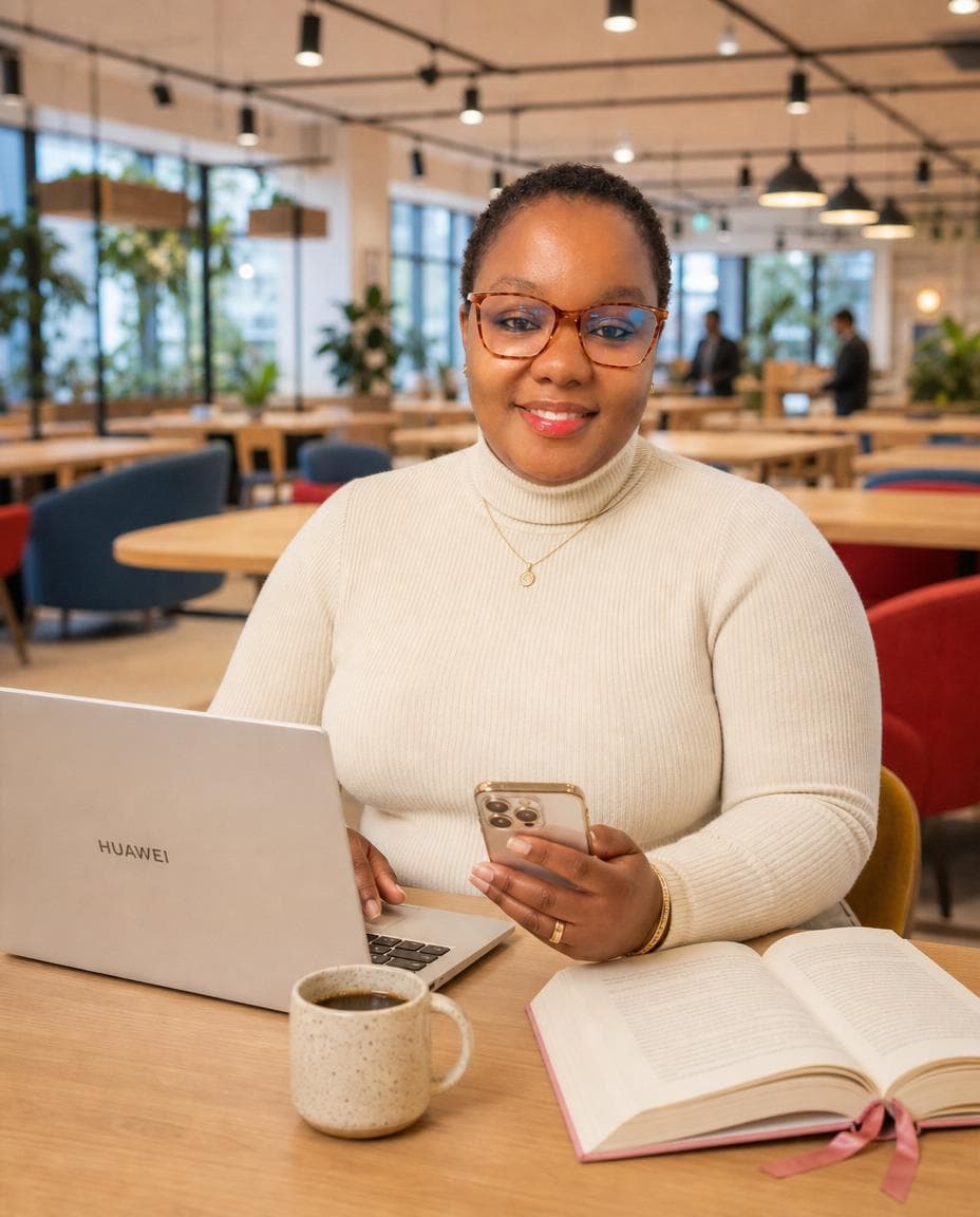 Kagiso seated in a bright cafe workspace with a laptop, coffee, and open book