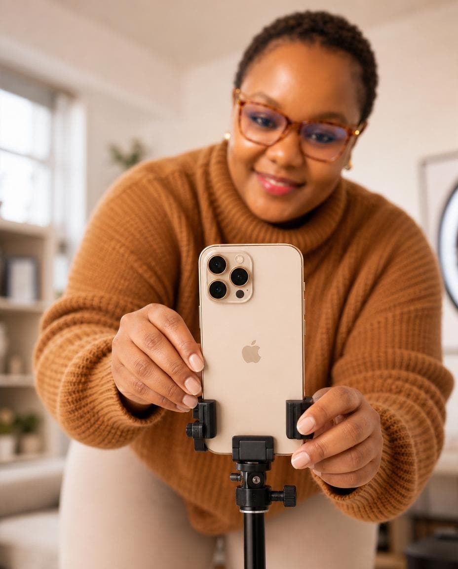 Kagiso setting up a phone on a tripod in a home studio