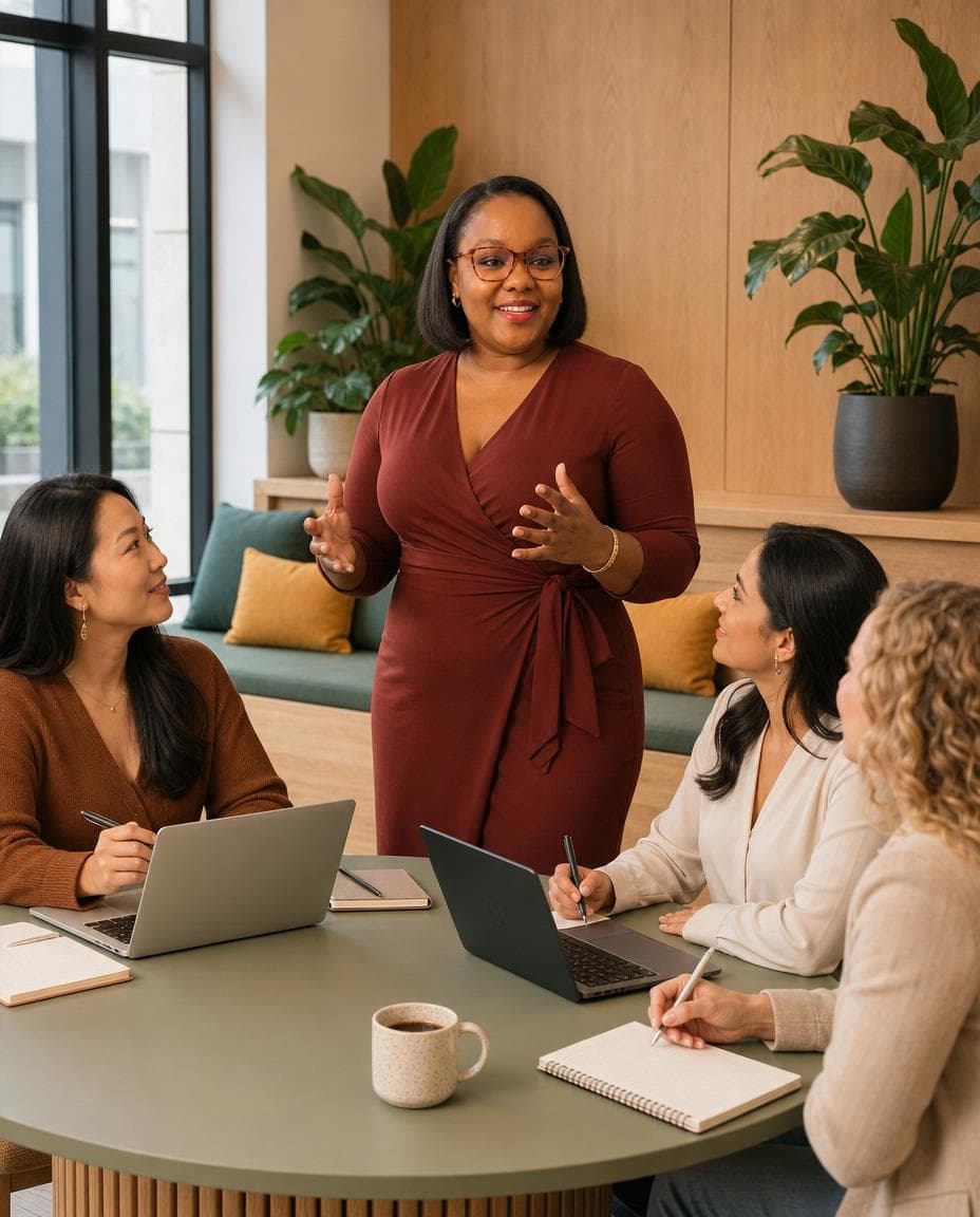Kagiso leading a small professional group conversation around a table
