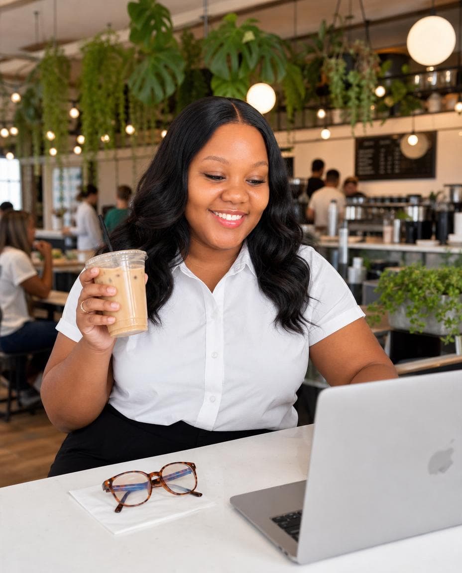 Kagiso seated at a desk in a white shirt with a notebook and coffee