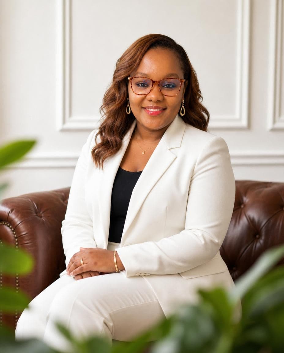 Kagiso seated on a leather couch in a white suit for a personal branding portrait