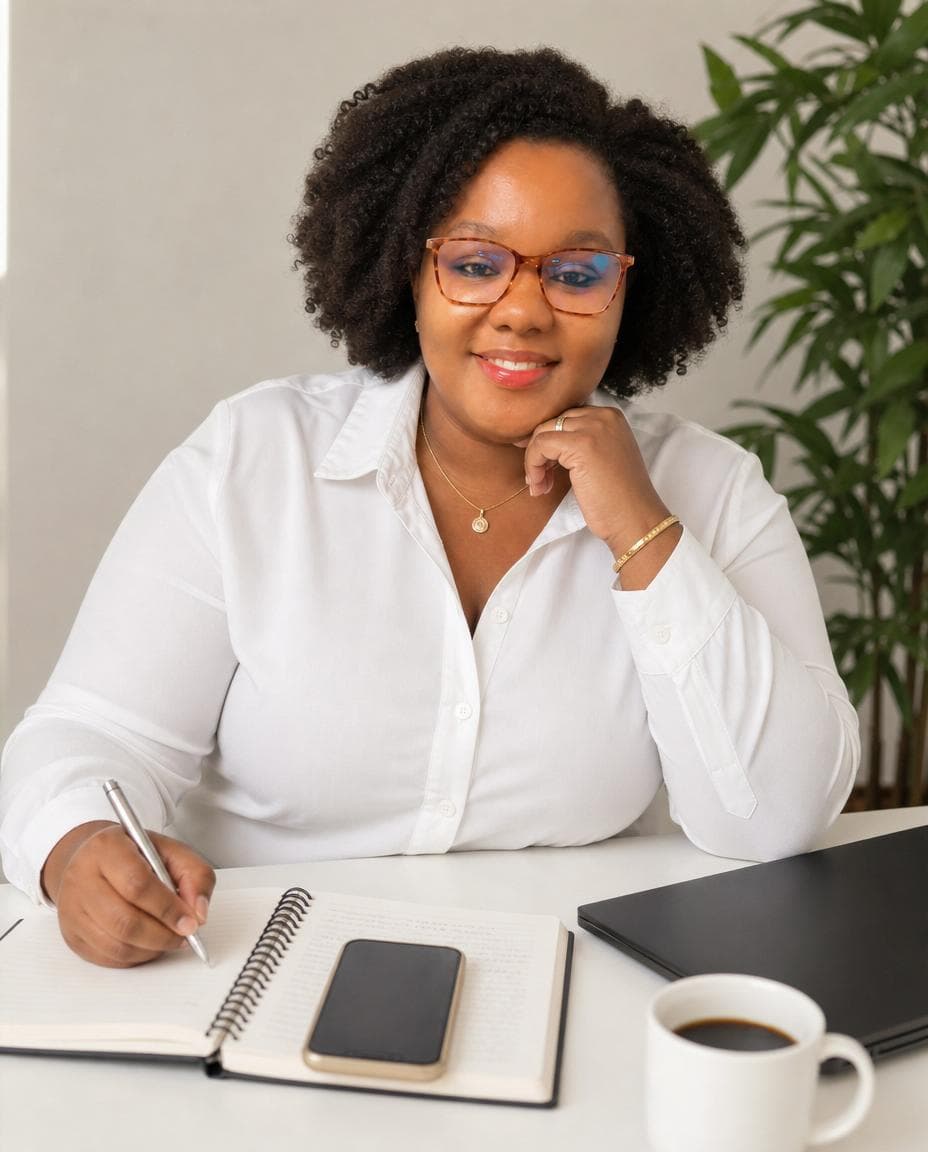 Kagiso seated at a workspace with a laptop, phone, coffee, and open book