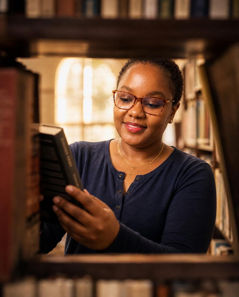 Kagiso selecting a book in a warmly lit library