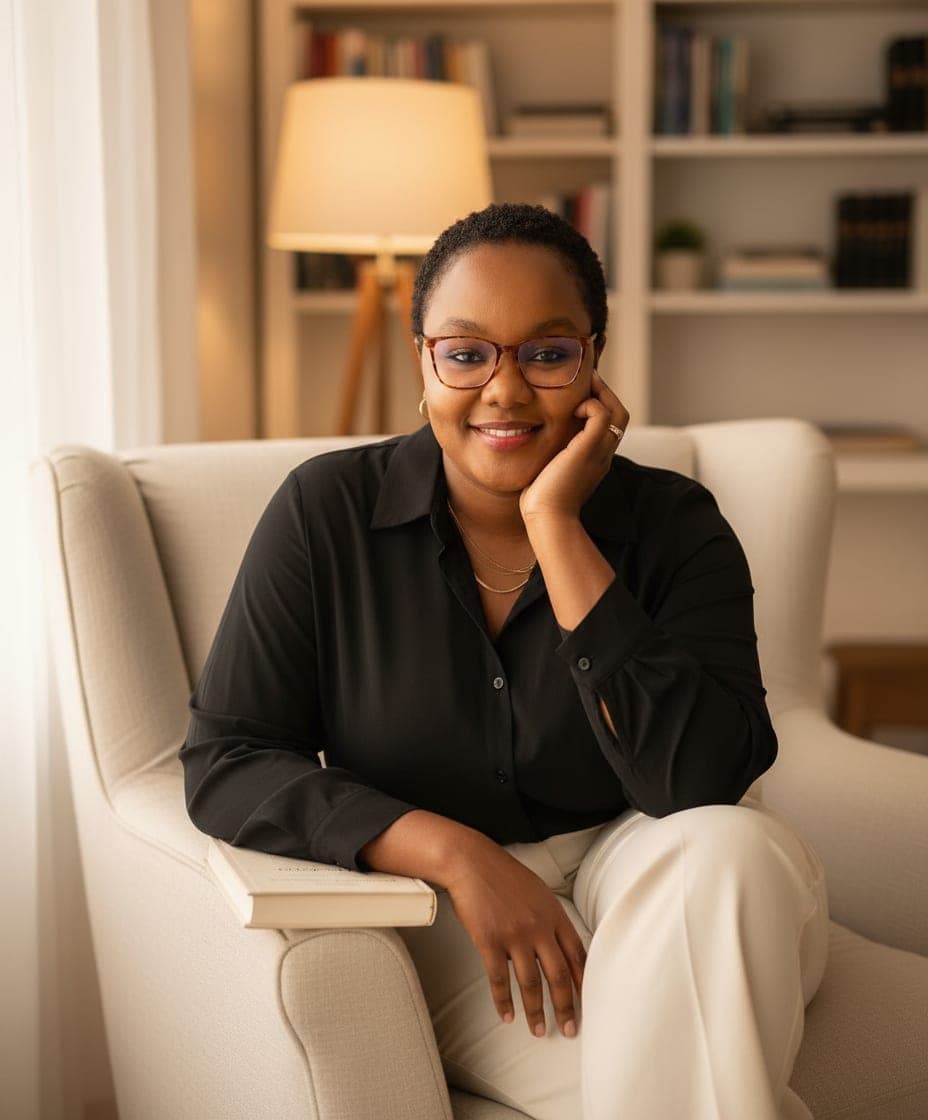 Kagiso seated in a bright lounge setting with a book