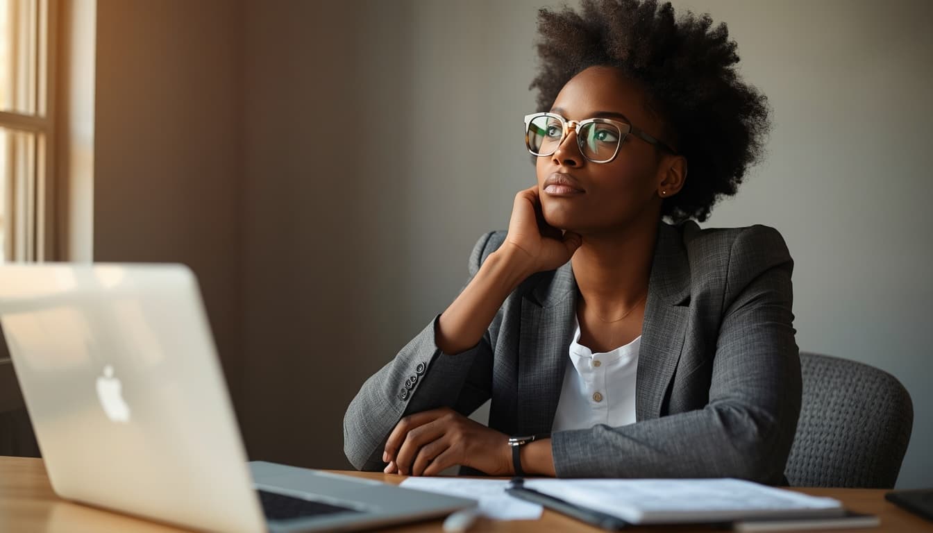 Professional reflecting at a desk during career planning