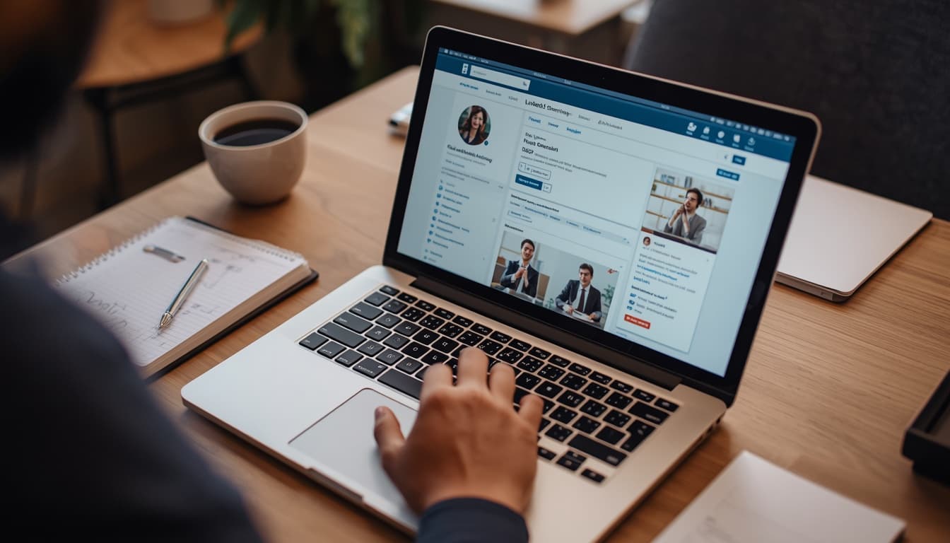 Laptop open to LinkedIn with notebook and coffee in a warm workspace