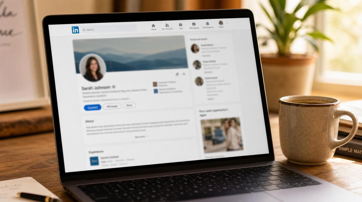 LinkedIn profile open on a laptop in a warm professional workspace