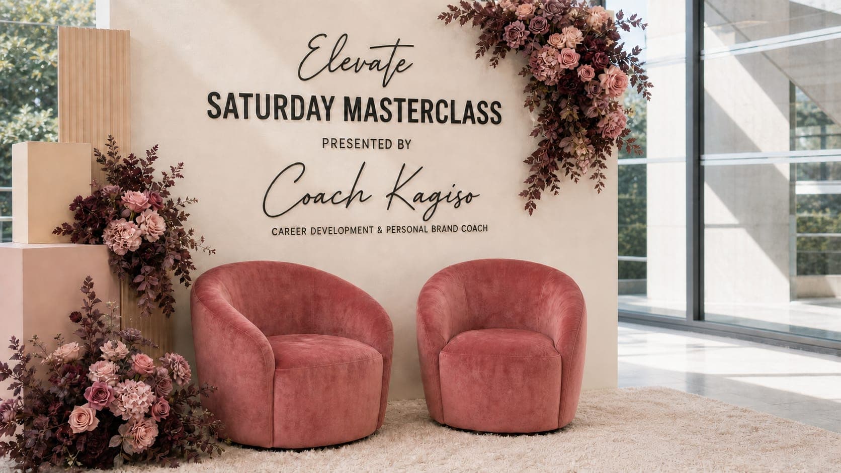 Elevate Saturday Masterclass set with branded backdrop and lounge chairs